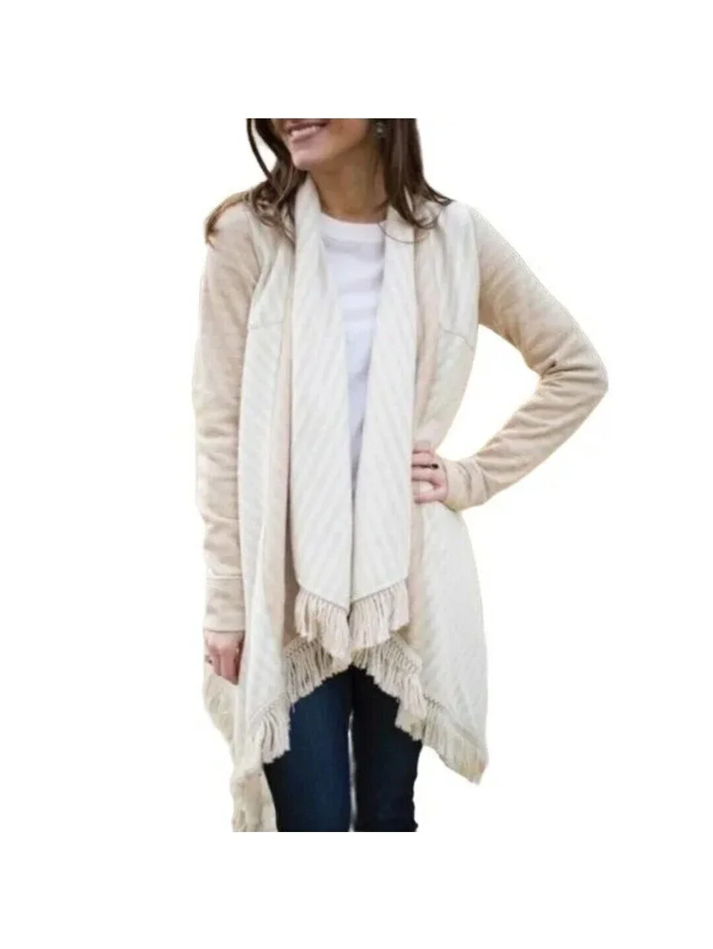 Anthropologie Saturday Sunday Medium Elise Fringe Open Front Cardigan Fleece